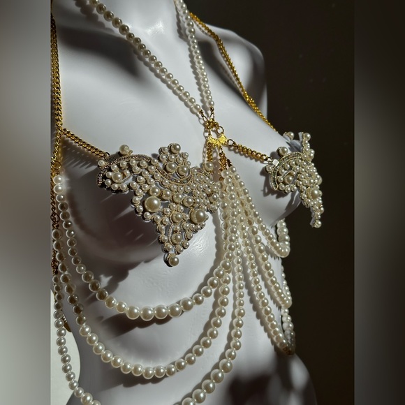 Mermaid Pearl Rhinestone & Gold Chain Jewelry Top fits B-D cup Handmade Unique - Picture 12 of 15